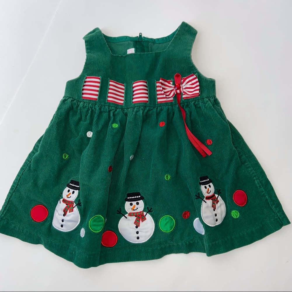 Girls Bonnie Baby Green Christmas Snowman Dress 12M